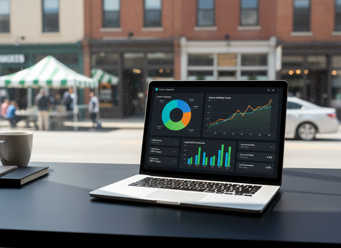 A sleek laptop with a vivid analytics dashboard fills the screen, showing colorful charts, rising line graphs, and search visibility metrics. The device sits on a matte black desk in a modern local studio, surrounded by subtle hints of neighborhood life like a blurred window view of a busy main street with shopfronts and a farmer’s market tent outside. Strong, directional daylight streams in from the side, creating crisp highlights on the metal laptop edges and bold shadows across the desk. Photographic realism with a wide, slightly elevated angle and shallow depth of field, emphasizing the bold, energetic mood of data-driven marketing power for local businesses.